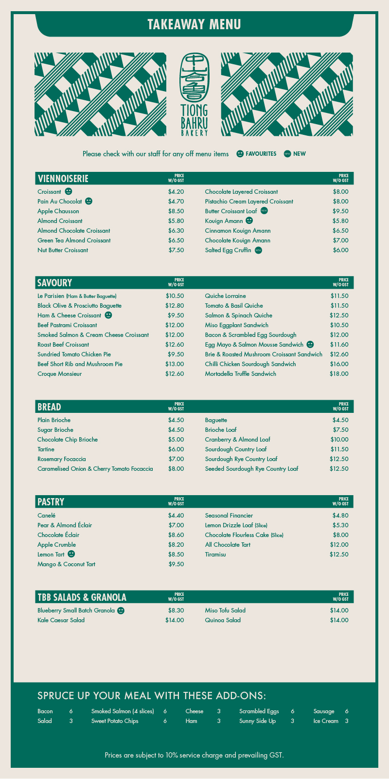 Tiong Bahru Bakery Takeaway Menu Page 1